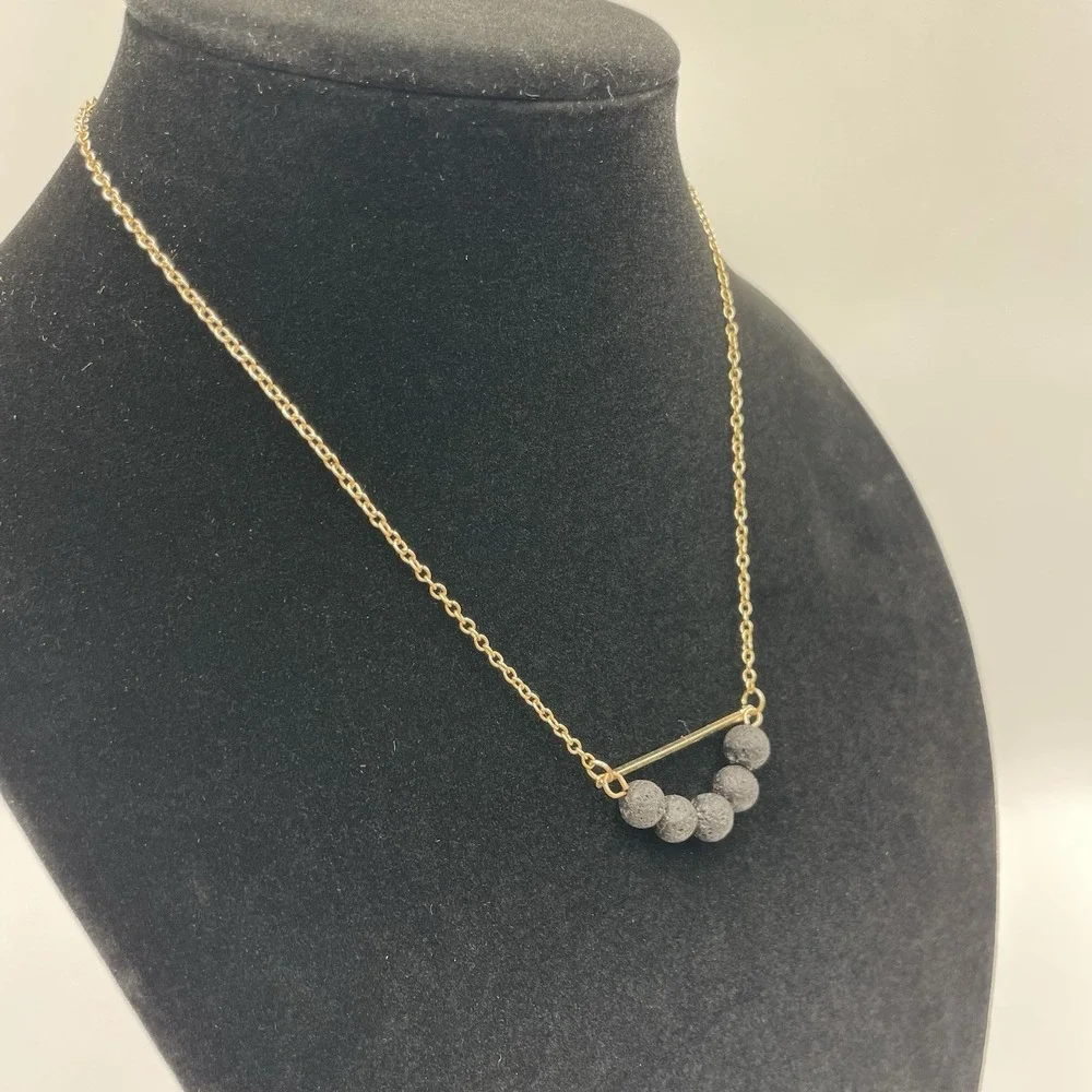 Gold Tone Black Lava Stone Aromatherapy Essential Oil Statement Necklace 18-20
